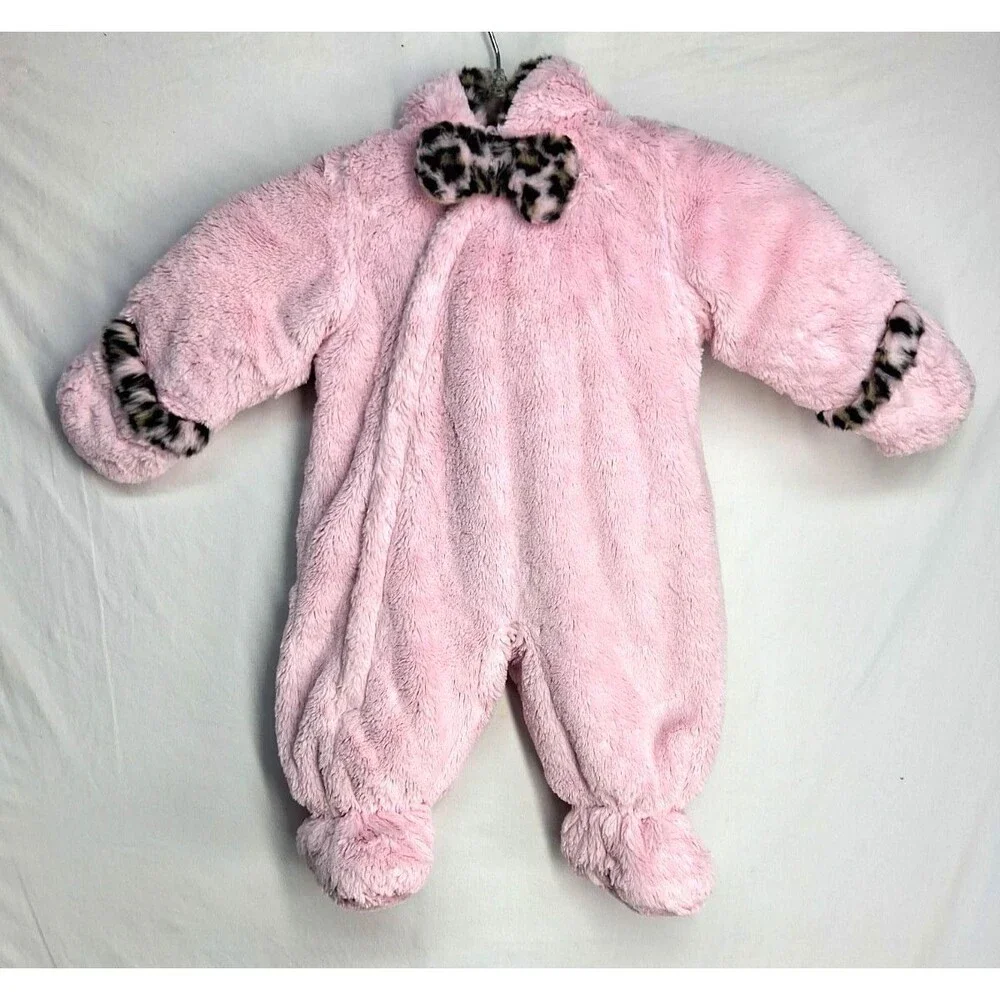 Rothschild Girls 0/6 Mos Pink Snowsuit Winter One piece Full Zip leopard trim